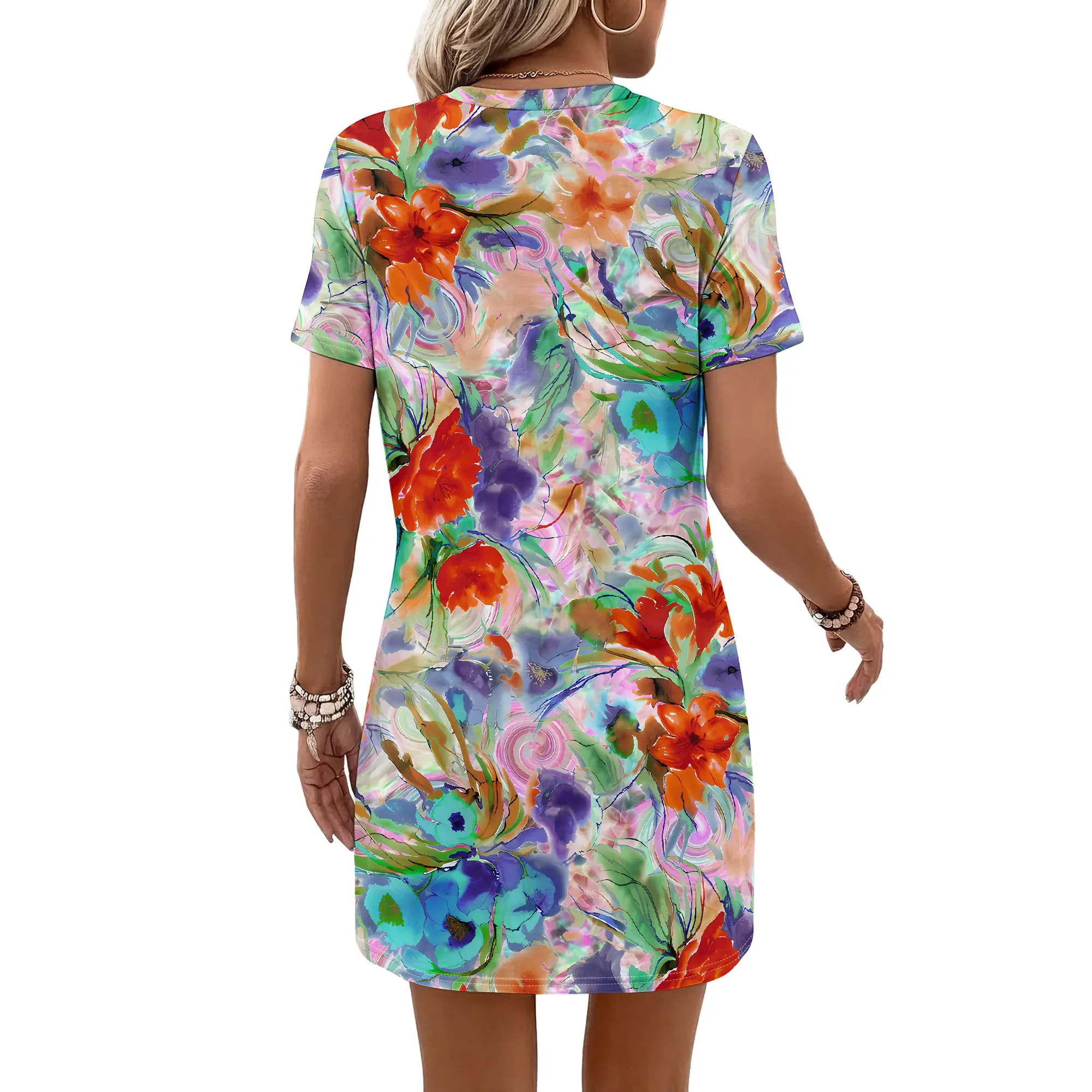 Lebhaft geblümtes, kurzärmliges Kleid, abstrakter Druck, Sommer-Minikleid, farbenfroher Kunststil, Freizeitkleidung, S-2XL – Detail 3