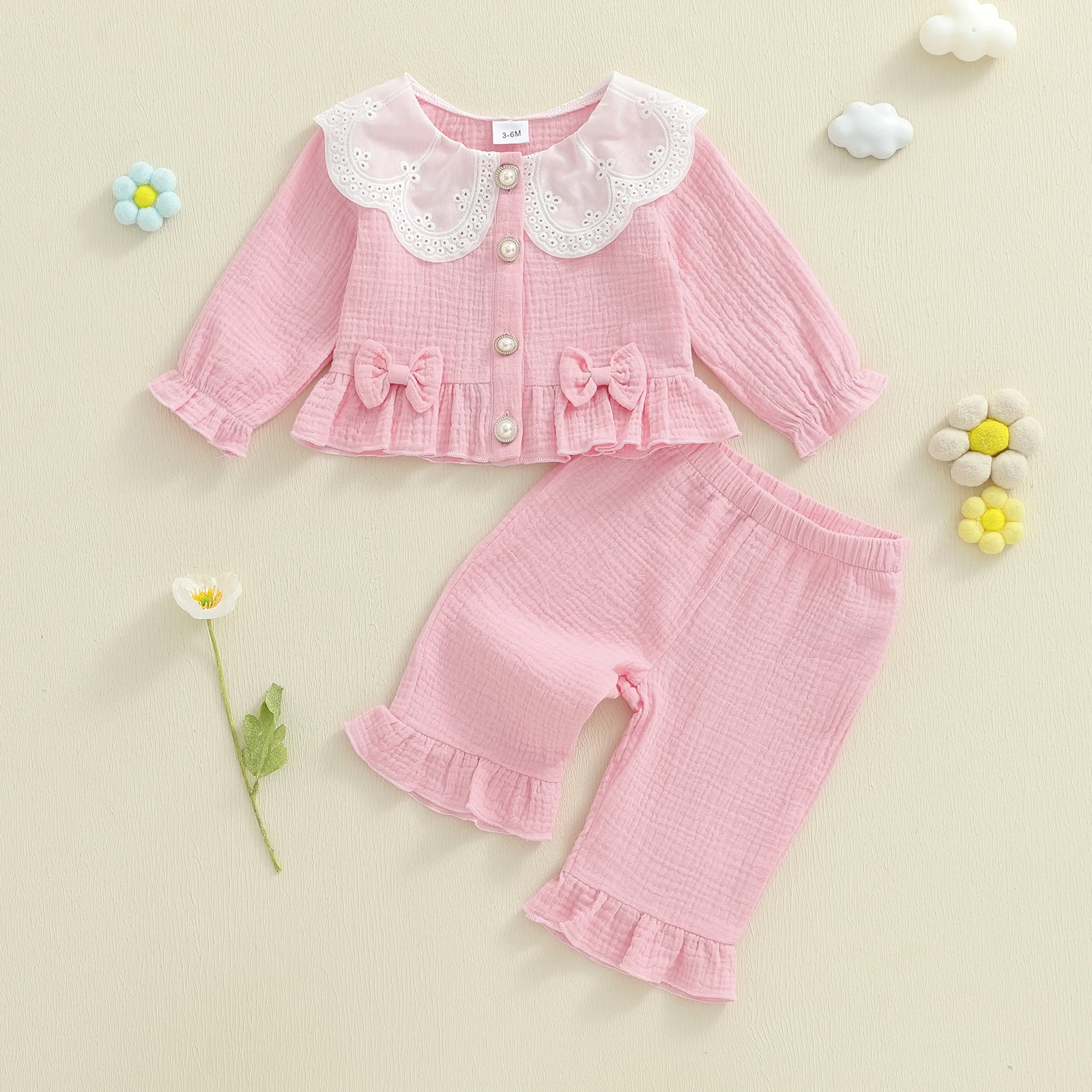 

Baby Girl Fall Outfits Button Down Bows Ruffled Trim Doll Collar Long Sleeve Tops and Long Pants Solid Color Two Pieces Sets