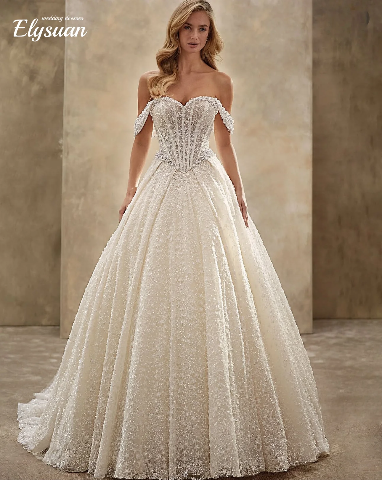 

Customized Charming Off-Shoulder Wedding Dresses Short-Sleeve Bridal Gowns Luxury A-Line Tulle Floor-Length Wedding Gowns Vestid