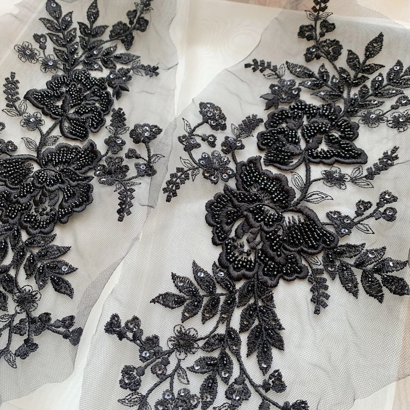 2 Stück/1 Paar Schwarz-Weiße Perlenblumen-Blätter-Stickerei Hochwertiges Set für Hochzeitskleid Kopfschmuck Spitze Spiegelblume RS4154 – Detail 9