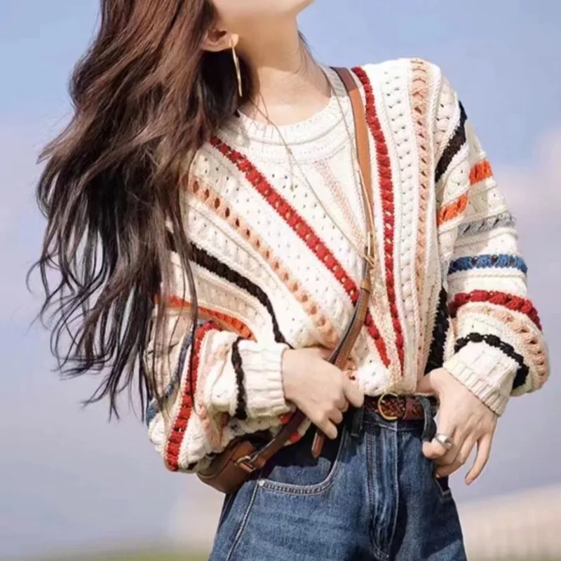

Hollow Out Pullovers for Women Chic Spring Autumn Knitted Fashion Colorful O-neck Niche College Girls Clothing Korean Style Ins