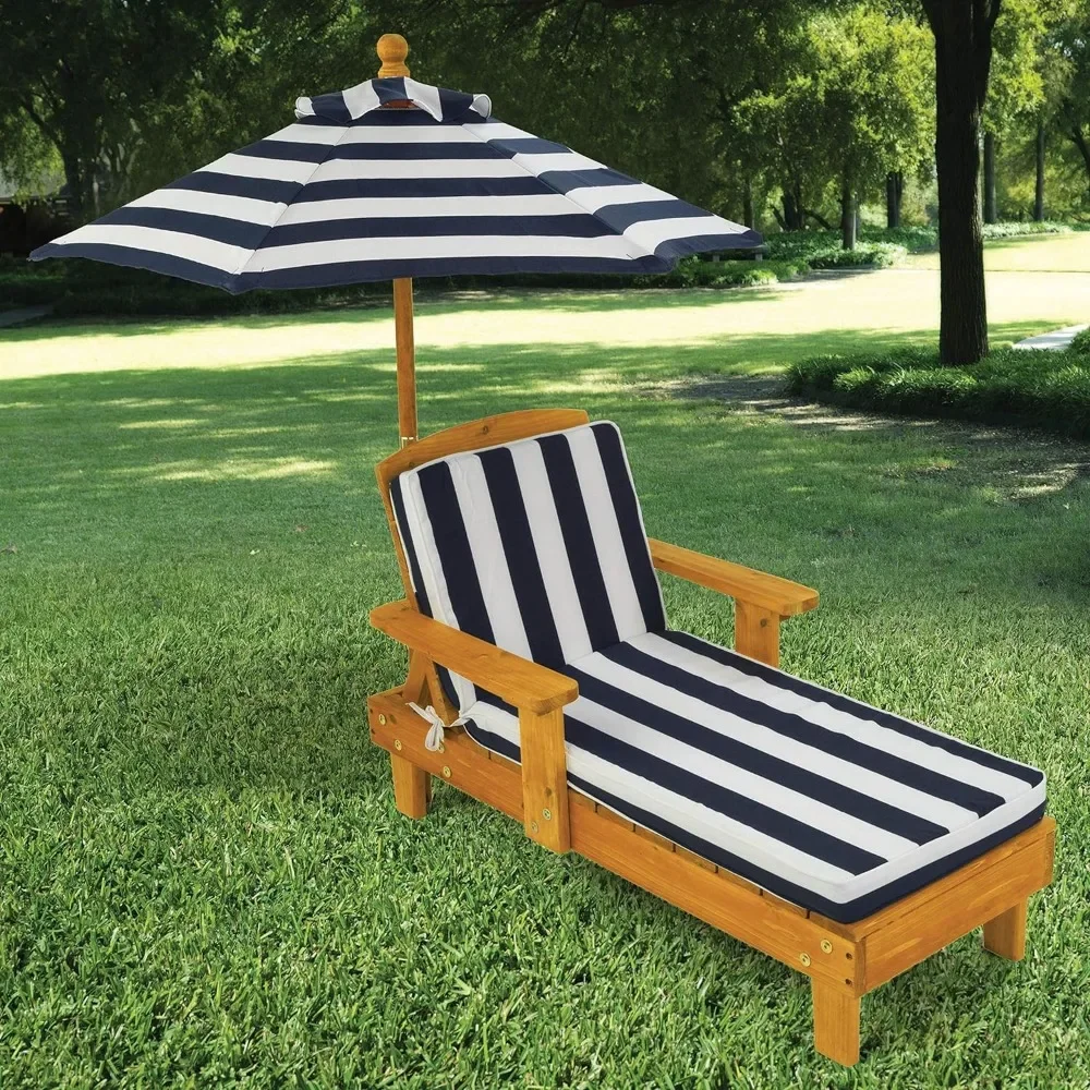 Outdoor Wooden Chaise Lounge,Backyard Furniture Chair with Umbrella and Cushion,for Kids or Pets,Navy and White Striped Fabric