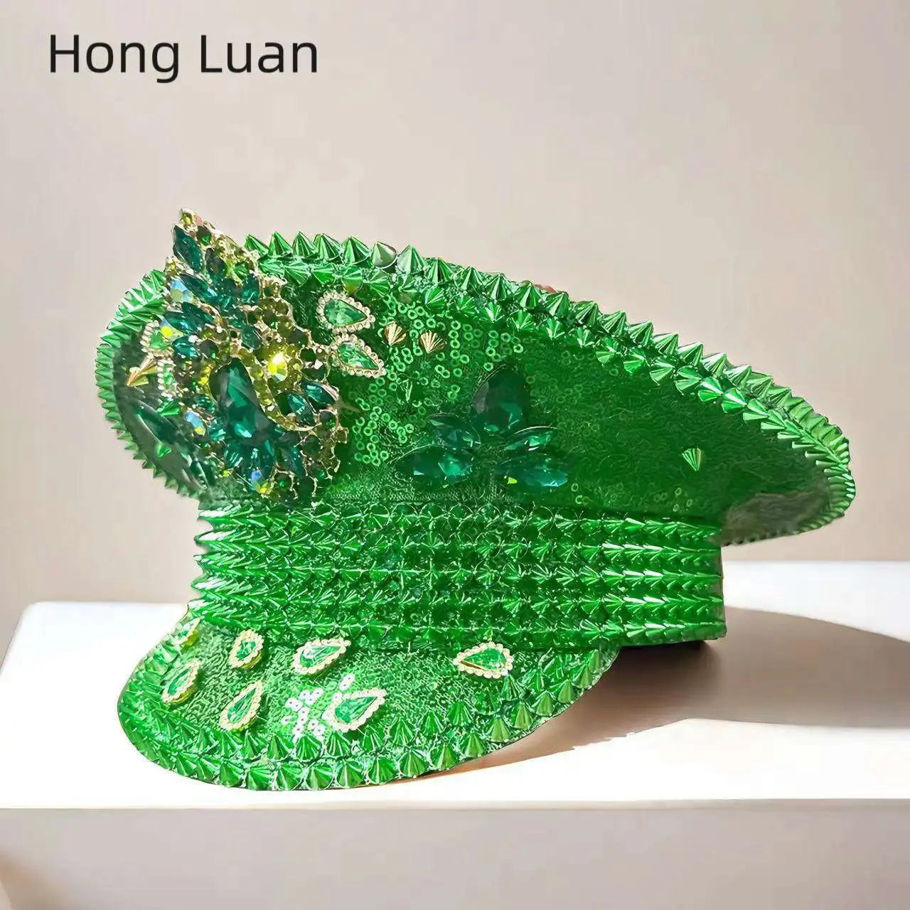 HongLuan Yellow Laser Leather Loop Captain Hat Rhinestone & Military Caps for Woman, Rave Festivals Accessories ＆ Party Cap Man