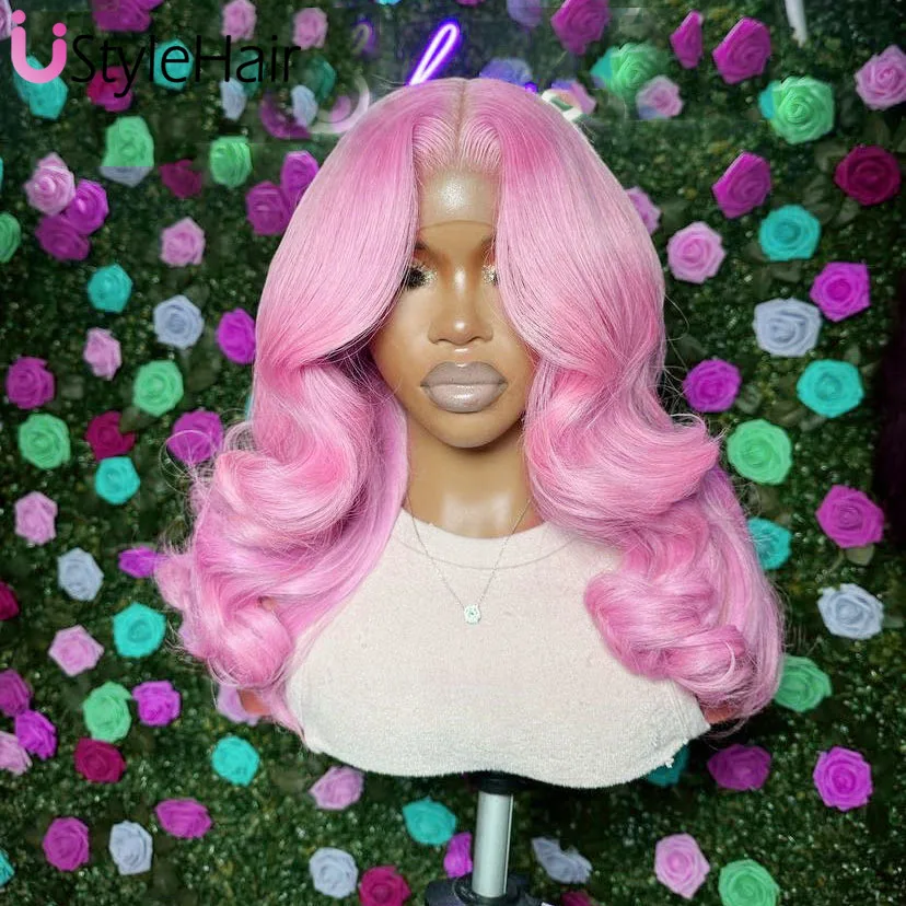 Fashion Pink Body Wave Wig Synthetic Lace Front Wigs for Women Heat Resistant Natural Hairline Wig Daily Use Cosplay Hair