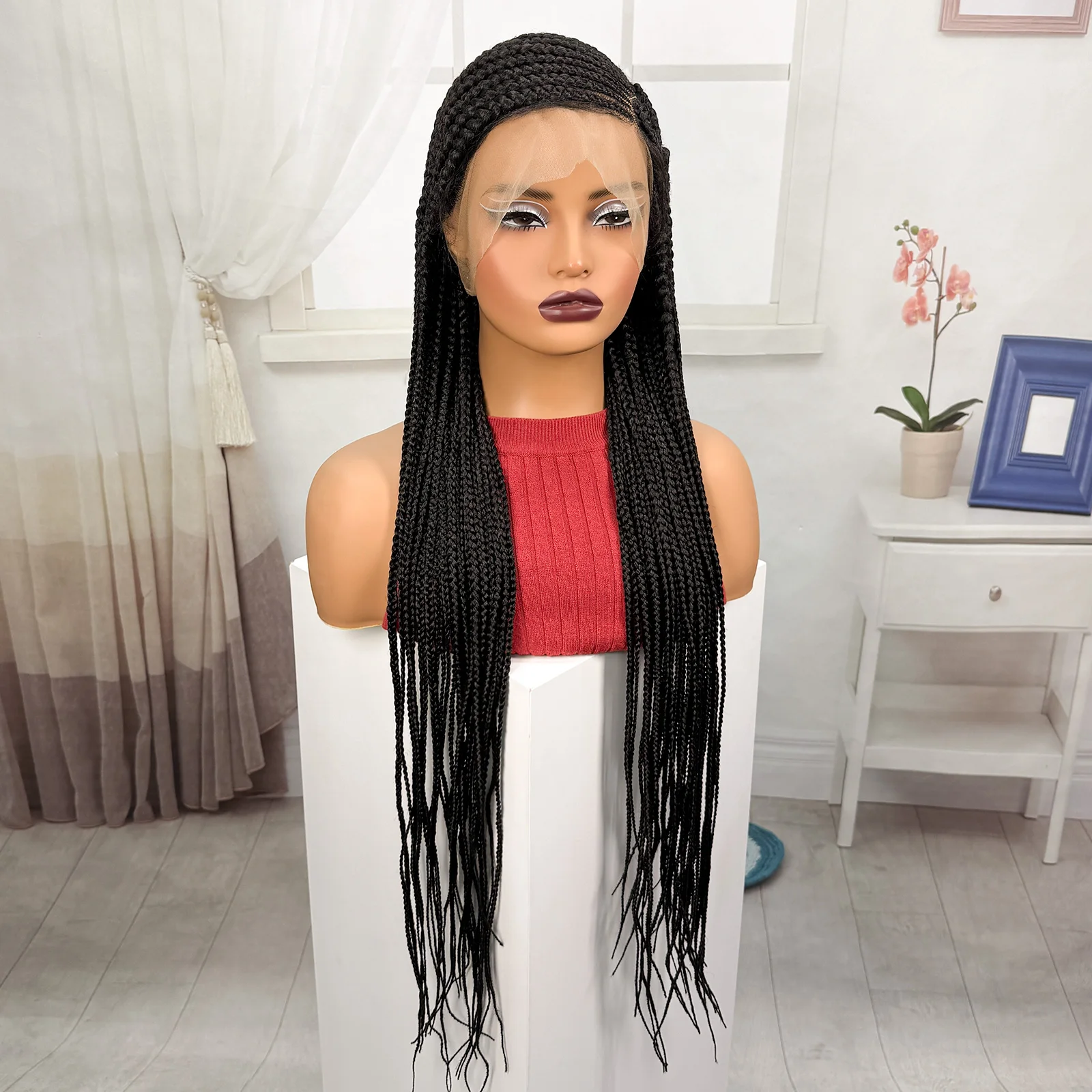 36inch Full Lace Natural Cornrow Braided Wigs Synthetic Braiding Hair Wigs Box Braided Lace Wigs with Baby Hair for Black Women