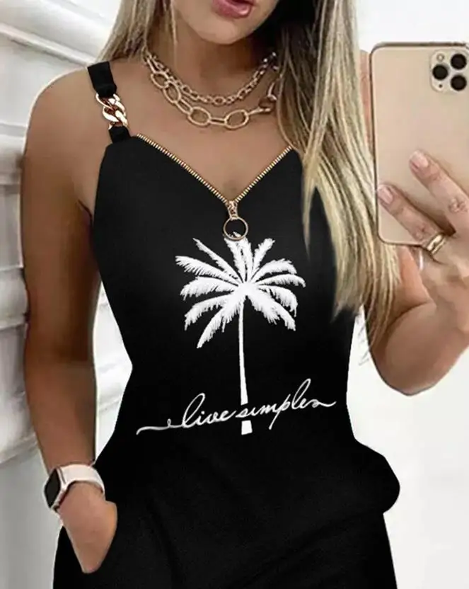 Women\'s Dresses 2023 Summer Fashion Coconut Tree Print Chain Decor Casual V-Neck Sleeveless Daily Vacation Mini Straight Dress