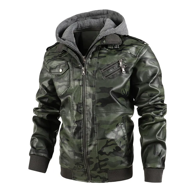 New Male Street Wear Motorcycle Leather Jackets Hat Detachable Men Hooded Leather Jackets Camouflage Casual Leather Coats 4XL