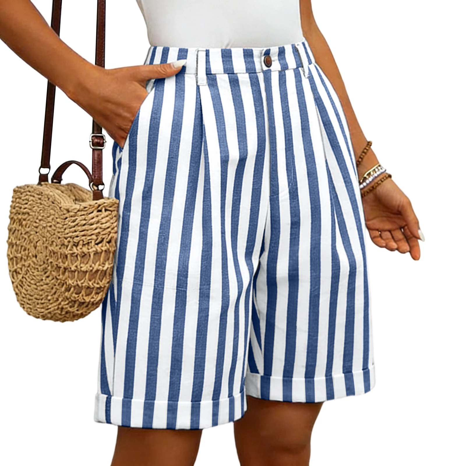 

Летние женские полосатые повседневные модные дышащие свободные шорты из хлопка и льна 2026 года