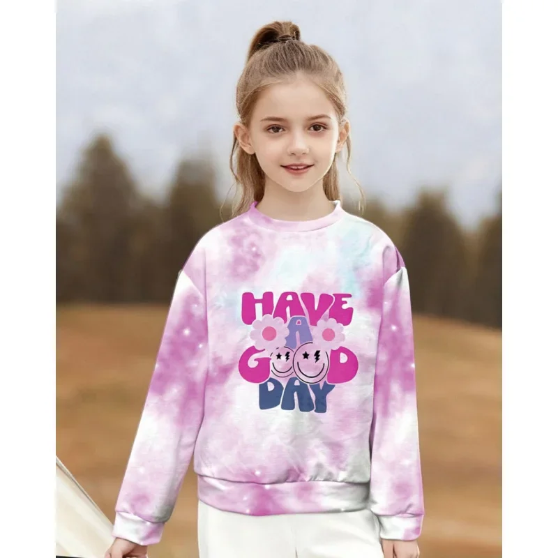 2026 Trendy Girls Tie Dye Sweatshirt - "Have A Good Day" Smiley Flower Graphic Casual Pullover Top
