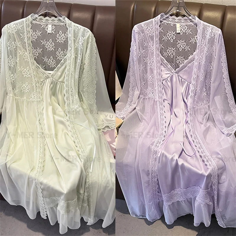 Purple Sheer Mesh Robe Set Fairy 2Pcs Nightwear Women Wedding Dress Set Nightgown Sexy Lace Trim Chemise Sleepwear Loungewear