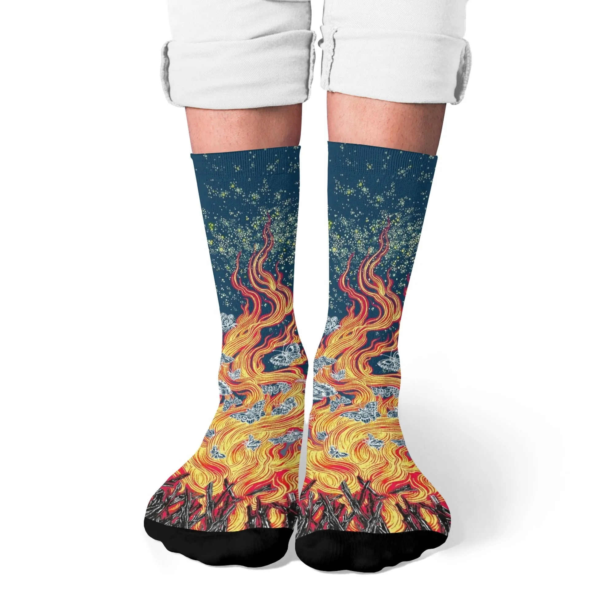 Фэнтезийные романтические носки с бабочкой в виде костра, темно-синие носки с принтом звездного неба и леса, подарок для романтических любителей искусства