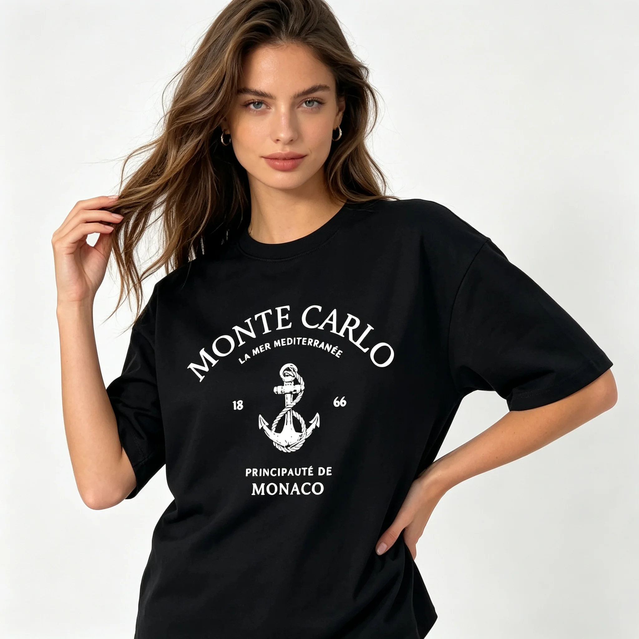 Monte Carlo Anchor Shirt, “La Mer Mediterranée” Monaco Graphic Top, Cotton Casual Short Sleeve T-Shirt, Retro Nautical Tee