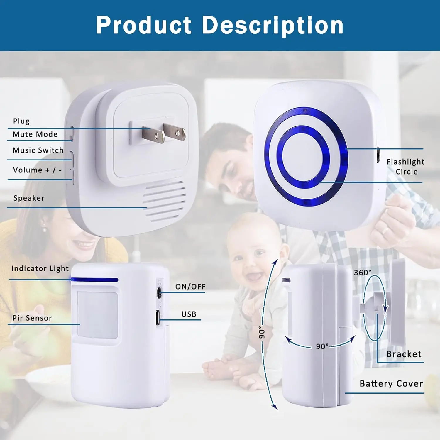 Room Doorbell, Split Type, Body Sensing Doorbell Door Bell Door Bell with 38 Songs for Offices