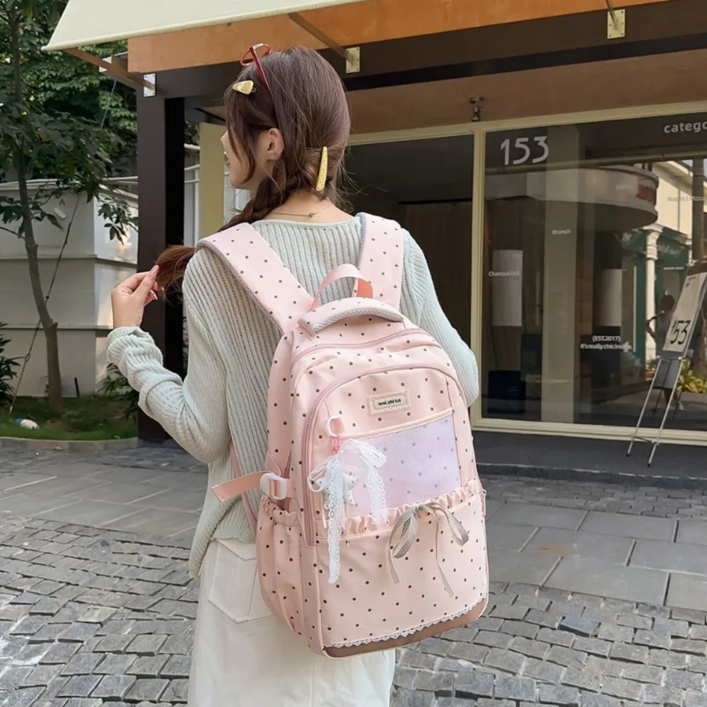 Lightweight nylon fabric polka dot cute bow backpack, adorable student schoolbag, Kawaii travel backpack