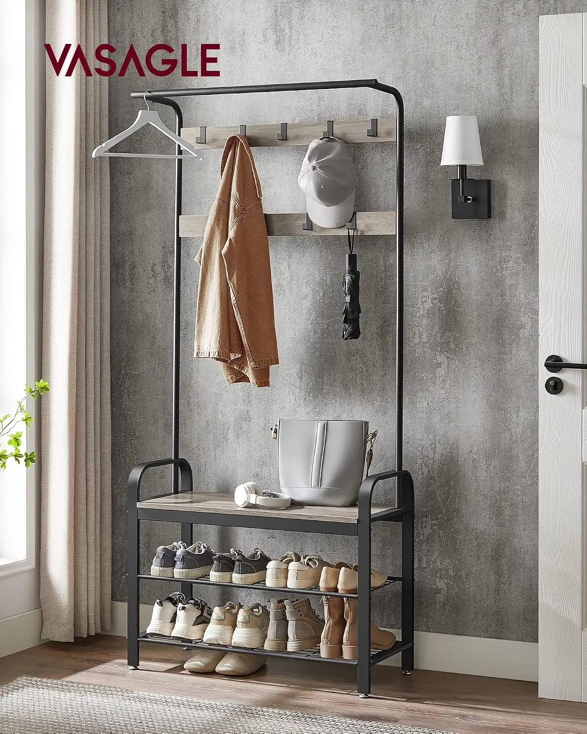 Coat Rack, Hall Tree with Shoe Bench, 4-in-1, 9 Removable Hooks, Customized