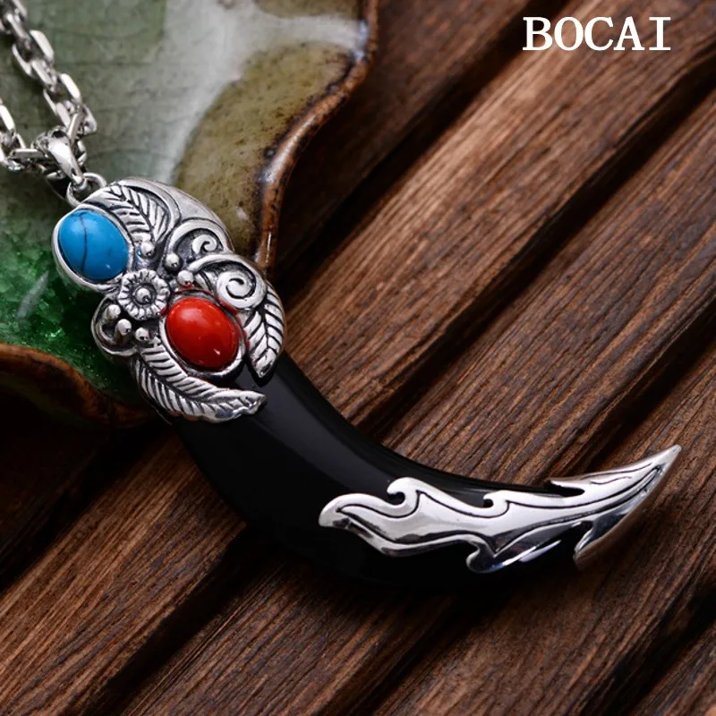 BOCAI NEW S925 Sterling Silver Black Agate Crescent Green Pine Southern Red Dental Pendant Men's and Women's Gift