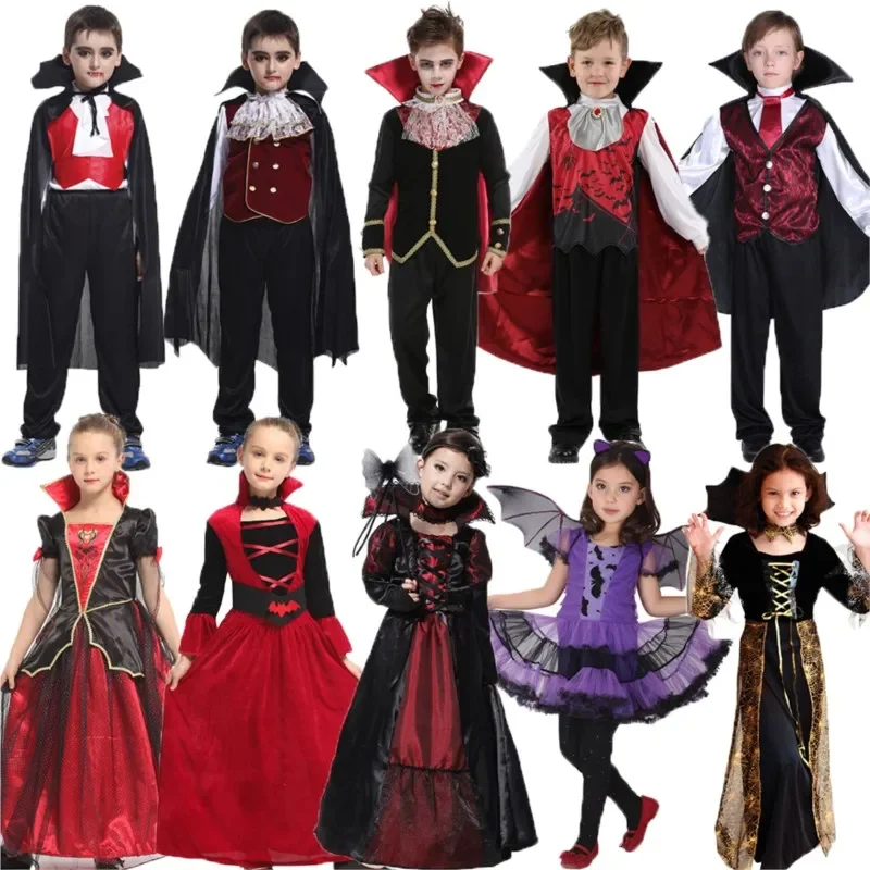 Kids Child Vampire Costume Count Dracula Cosplay Boys Vampiress for Girls Purim Halloween Party Fantasia Dress Up Funny Horror