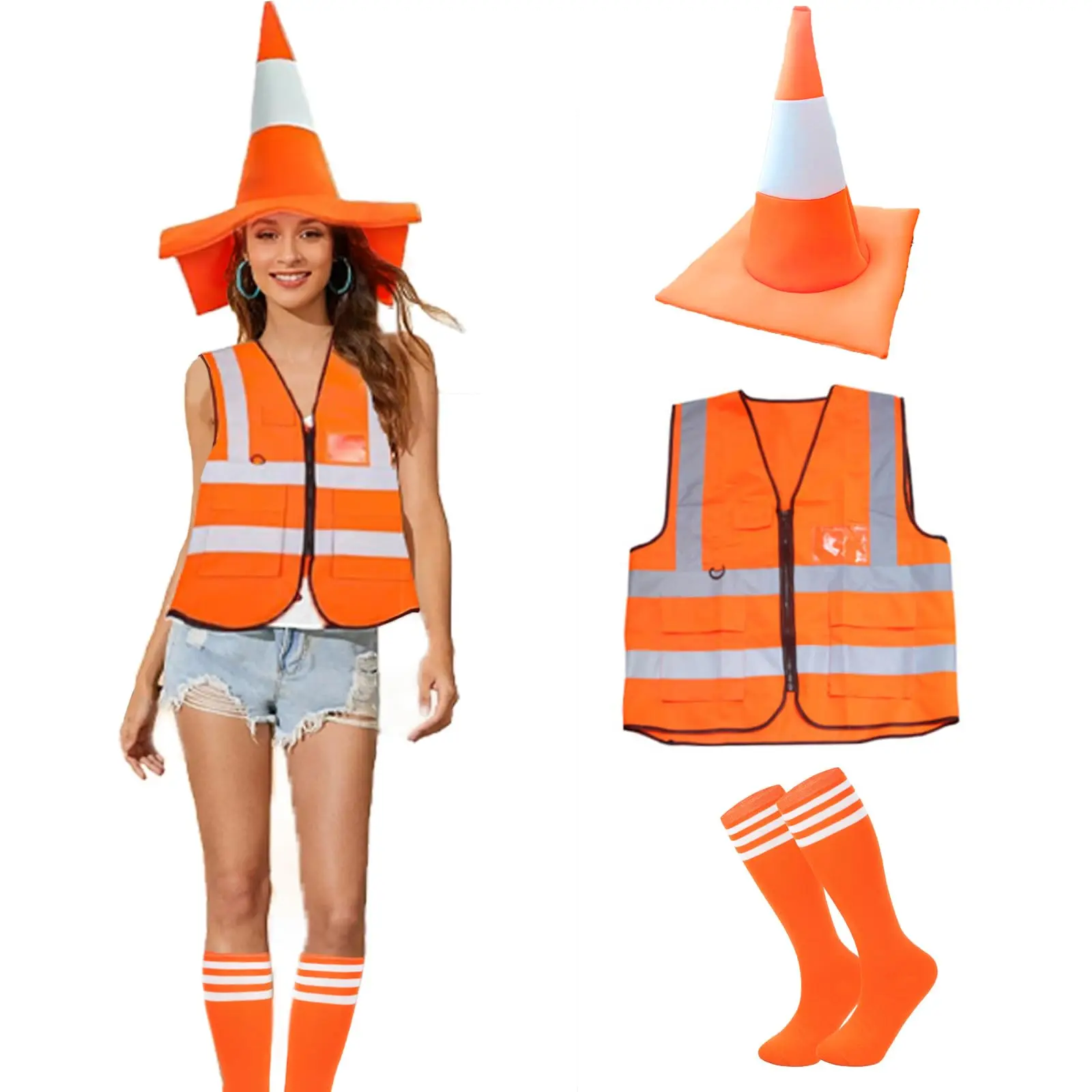 

Traffic Cone Costume Orange Construction Costume Reflective Vest Traffic Cone Hat Sock Halloween Cosplay Outfit