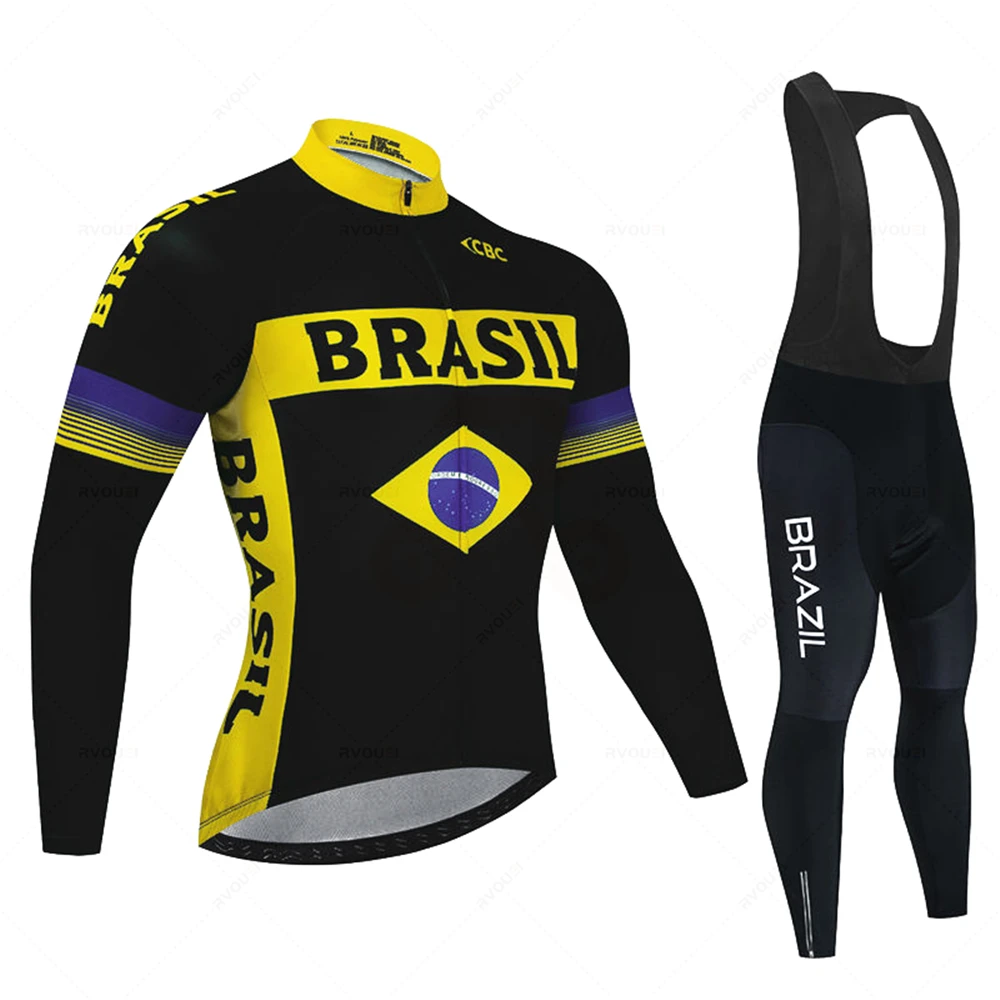 Brazil Pro Team Cycling Jersey Set Men Long Sleeve Sportswear Suit Outdoor Riding Bike MTB Bicycle Clothing Bib Pants Maillot