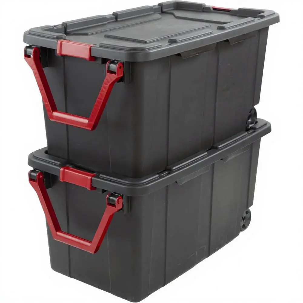 

Heavy Duty Storage Bins with Wheels, 40 Gallon, Black, Plastic, 21x36x18 Inches, Stackable, Set of 2