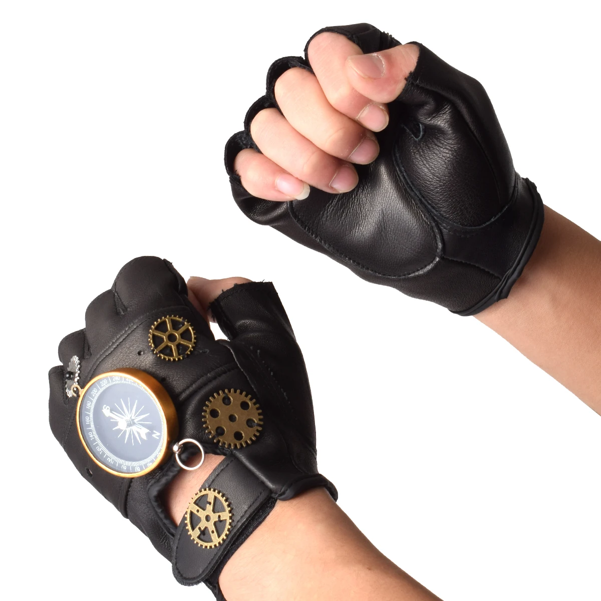 Steampunk – gants boussole sans doigts en cuir PU pour hommes et femmes, mode Hip Hop Punk, gants demi-doigt