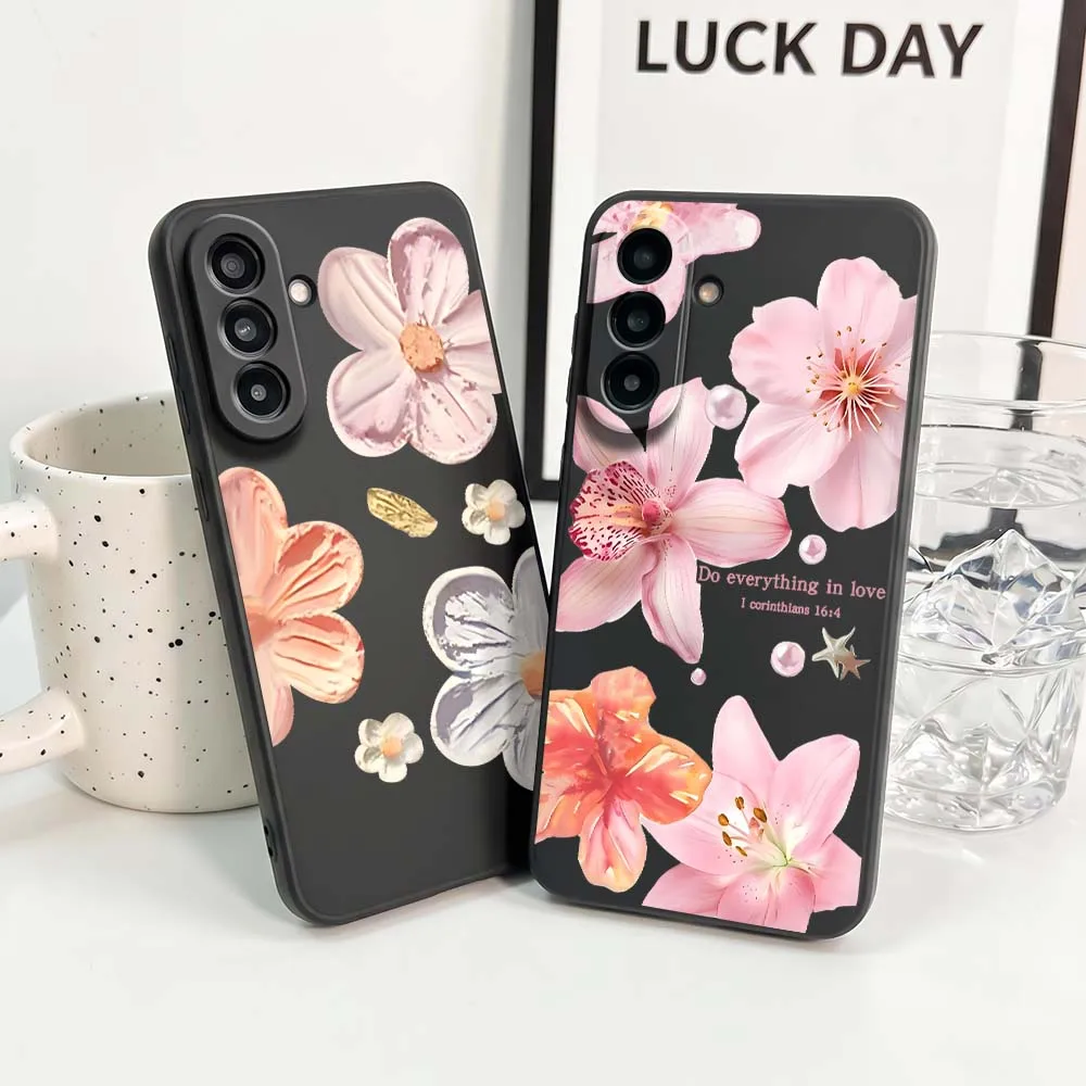 Pink Orchid Flower Petal Phone Case For Samsung Note 20 10 A73 A72 A71 A56 A55 A54 A53 A52 A51 A42 A41 A36 A35 A34 Black