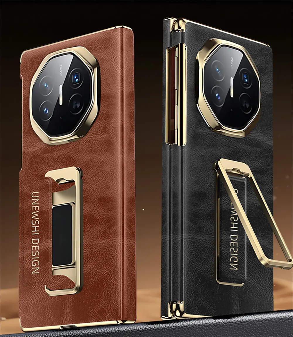 

Premium Natural Cowhide Leather Wristband Bracket Case For Huawei Mate XT Oil Wax Double Hinge Cover