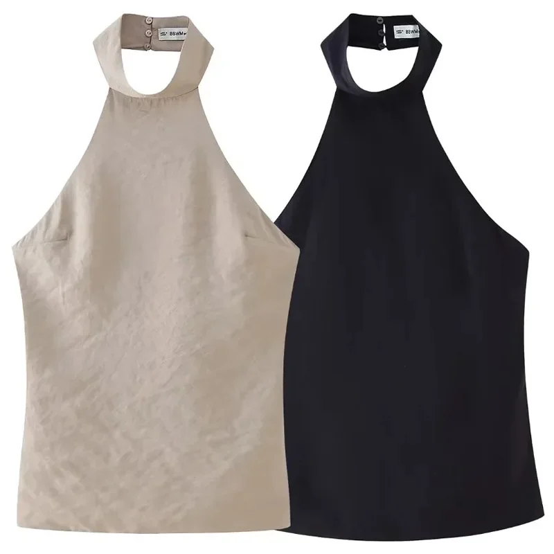 TRAF Women Off Shoulder Backless Vest Summer 2024 Crop Halter Top Female Sleeveless Back Buckles Slim Tank Tops Chic Elegant Top