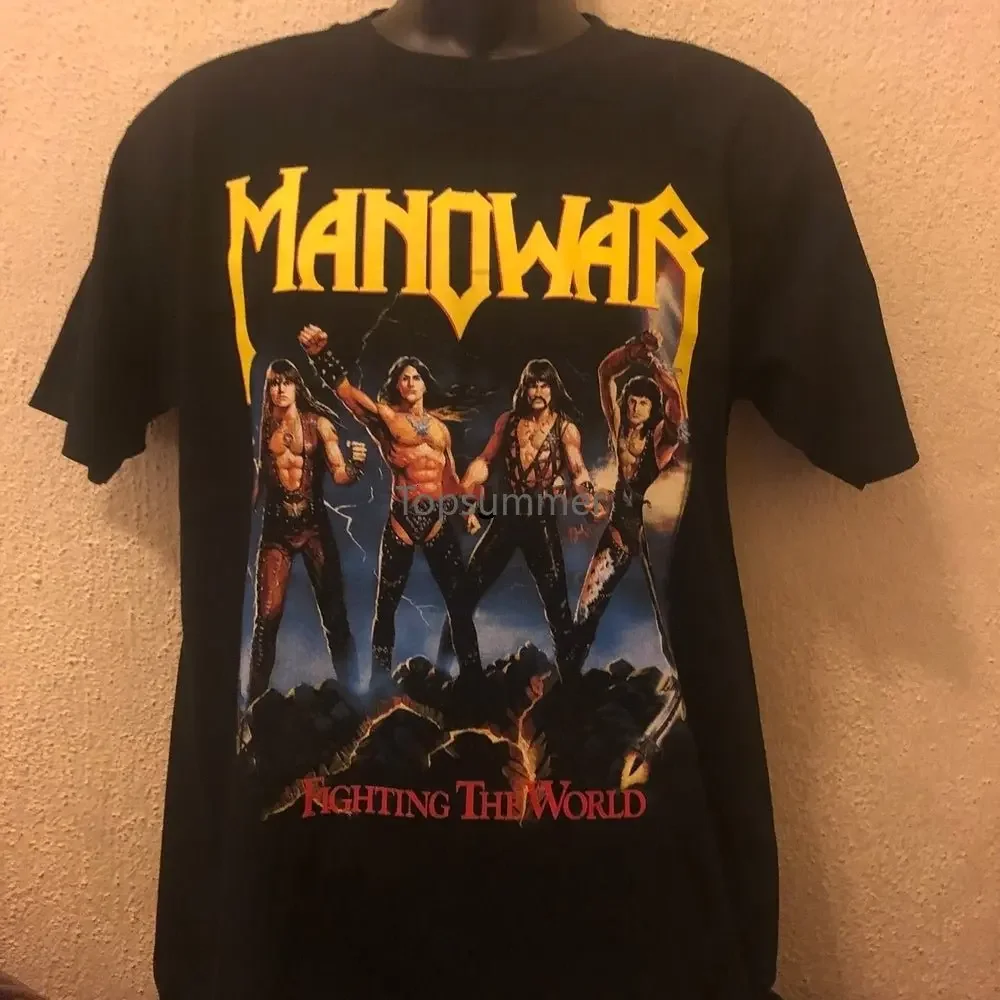 Manowar \'Fighting The World\' 2 Sided Mens Black T Shirt 80S Metal Excellent Condition