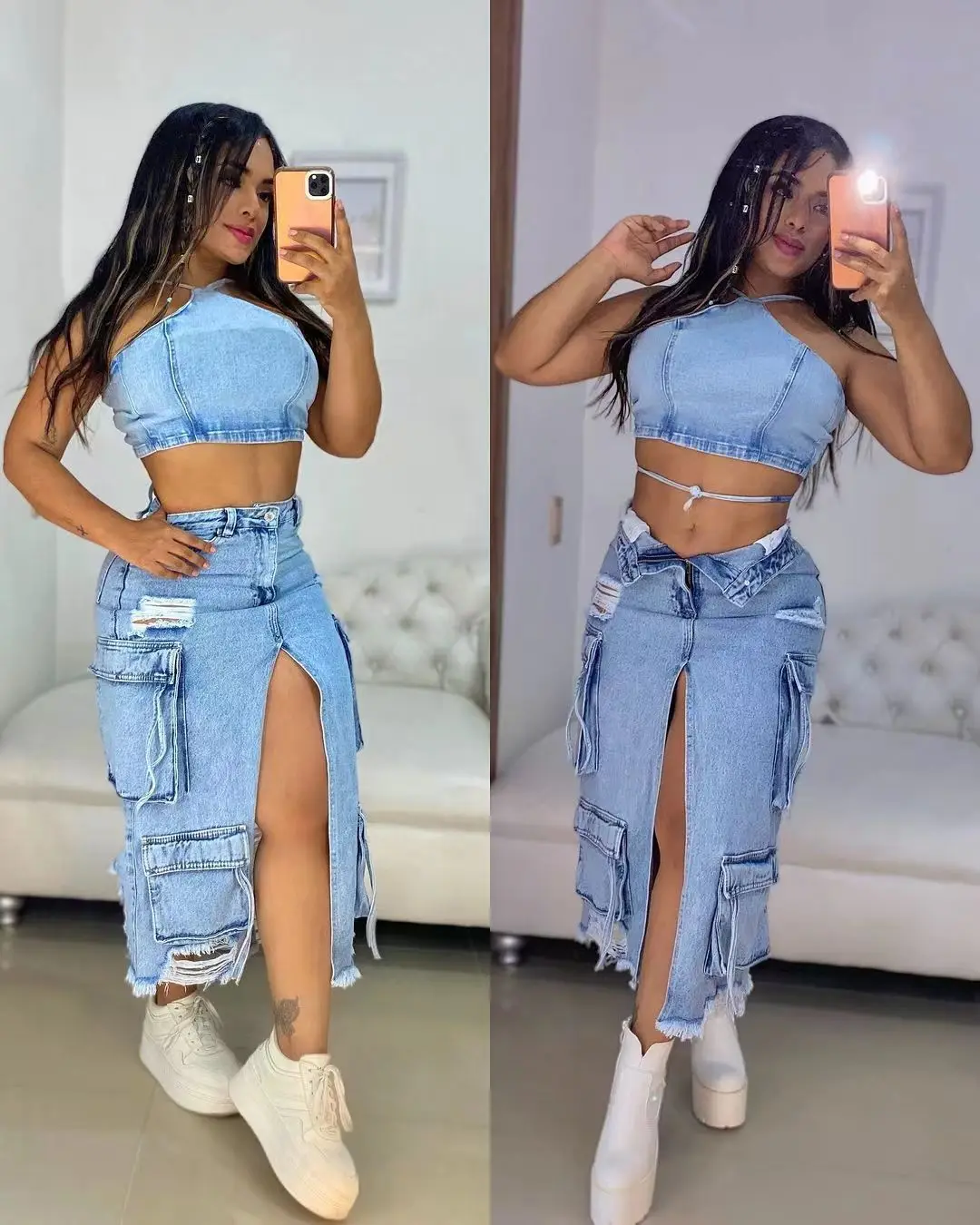 

Women'S Skirts Autumn Winter Casual Split Holes Ripped Denim Skirt Streetwear Women High Waist Multi Pockets Jeans Cargo Skirt