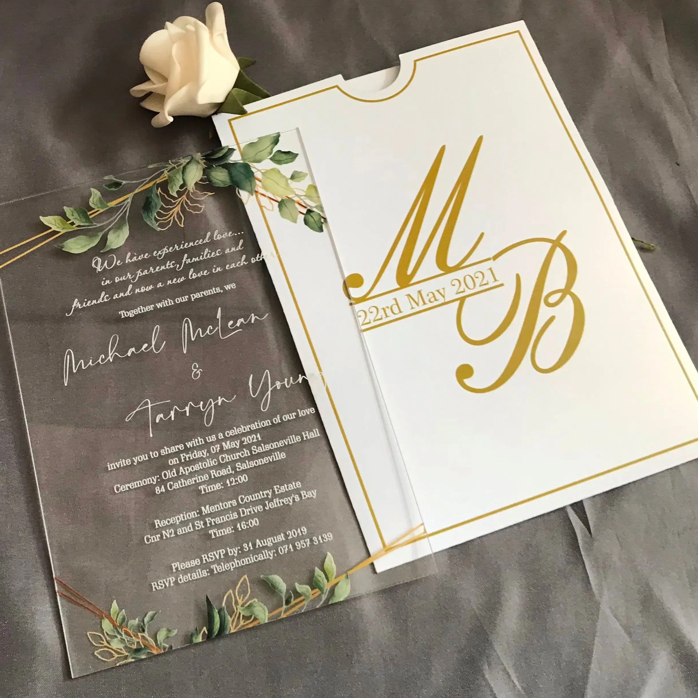 Custom Green Leaves Wedding Invitation, Faux Gold Eucalyptus, Transparent Invitation, 10Pcs