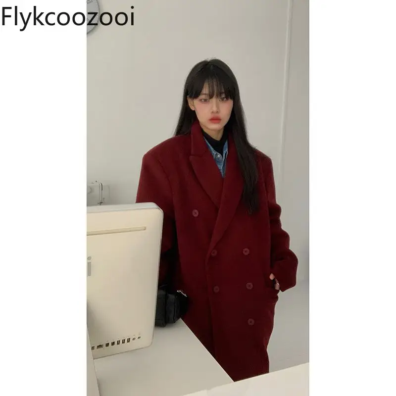 Retro vermelho terno colarinho casaco de lã outono e inverno novo estilo coreano solto e versátil jaquetas de comprimento médio para mulher