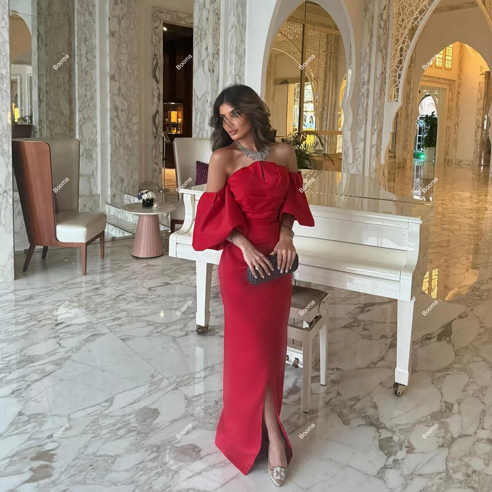 Booma Red Mermaid Evening Dresses Off Shoulder Puff Sleeves Satin Formal Party Gowns for Women Slit Simple Prom Dress