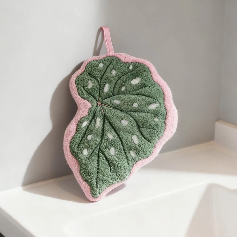 New Cartoon Leaf Hand Towel Absorb Water Thickened Bathroom Kerchief Coral Velvet Hanging Cleaning Cloth Kitchen