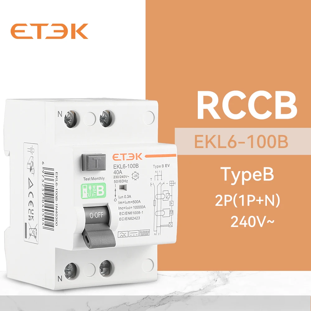 ETEK tipo B interruttore di corrente di dispersione di terra RCD RCCB guida Din 2 poli 4 poli 40A 63A 100A 30mA 300mA per caricabatterie EV RCD EKL6