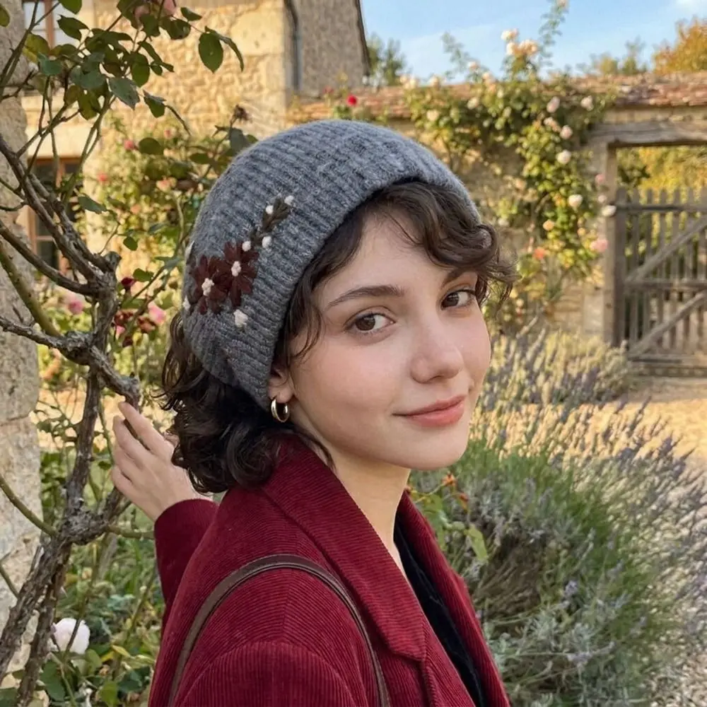Cute Floral Flower Embroidery Knitted Hat Retro Warm Earflap Hat Korean Ear Protectors Bandana Female