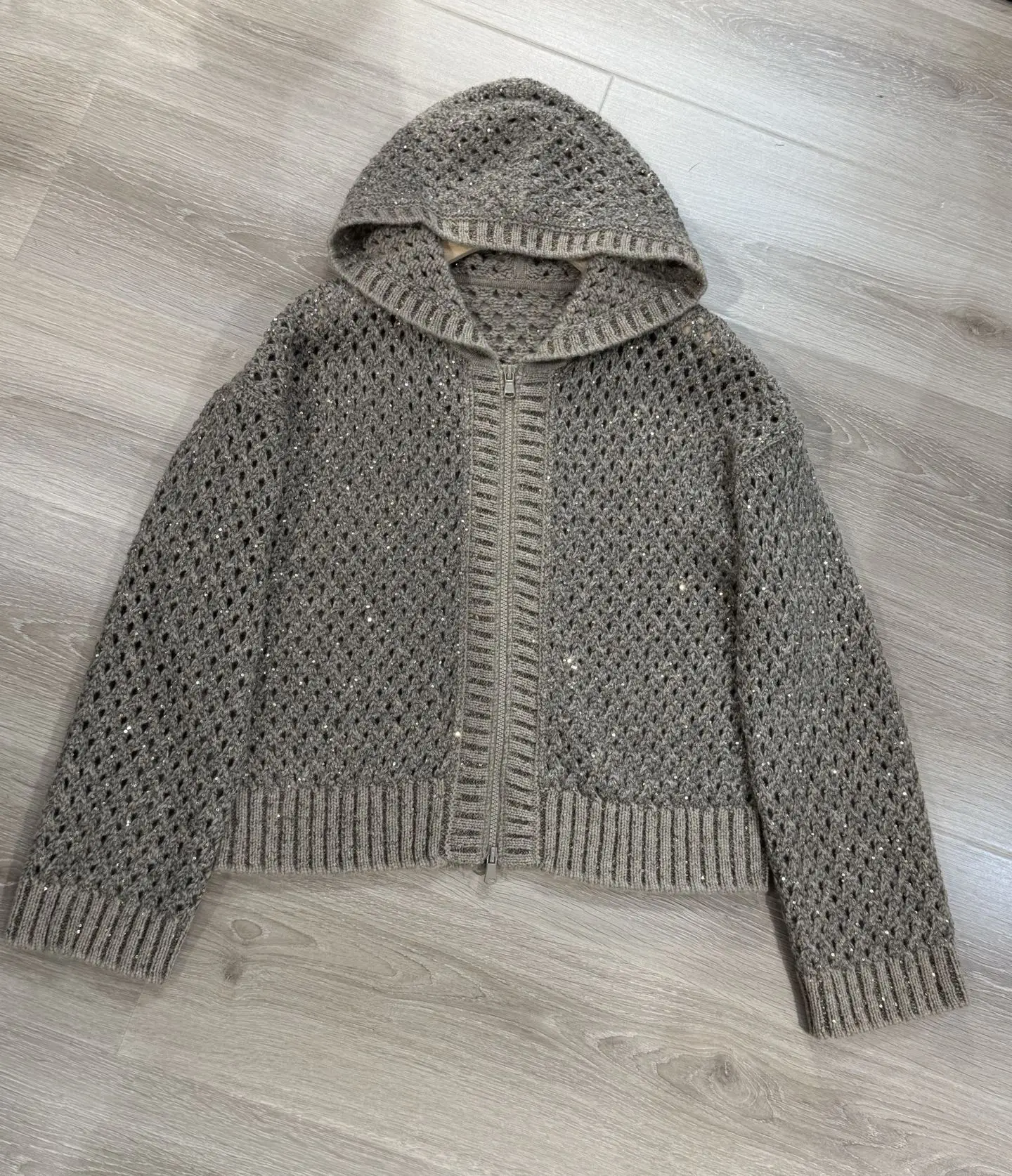 25 초가을 새로운 중공 후드 스팽글 지퍼 캐시미어 니트 카디건 세련되고 다양한 캐주얼 재킷