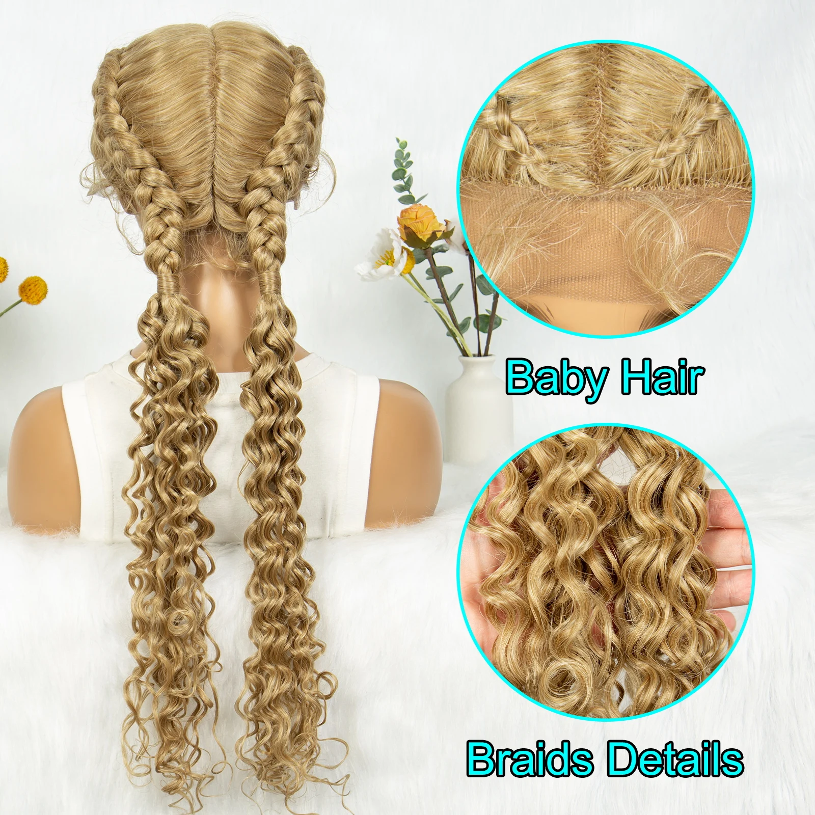 KIMA 27/613# Synthetic Full Lace Cornrow Braided Wigs Blonde Dutch Twins Braided Hair with Curly Ends for Black Women