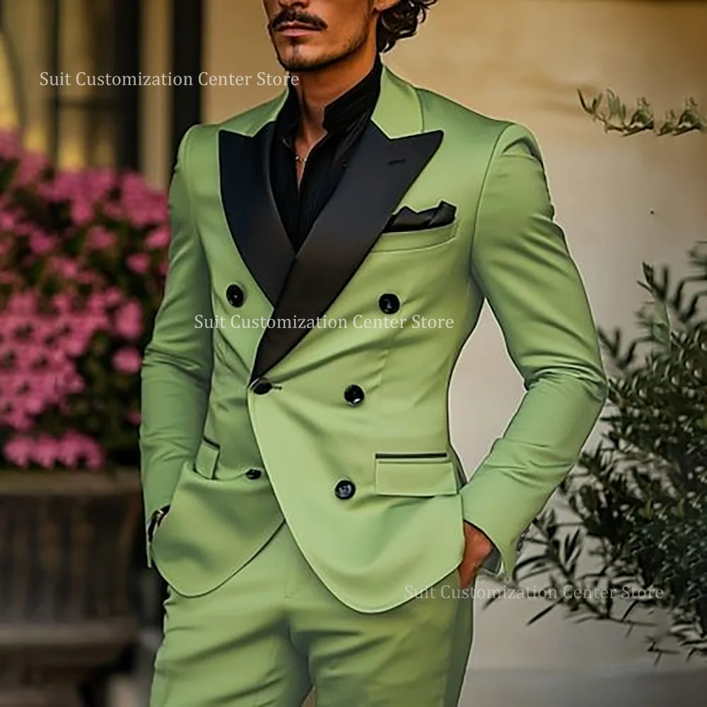 

Classy Green Suits For Men Set 2 Pieces Chic Double Breasted Peak Lapel Formal Party Wedding Groom Tailored Outfits Jacket Pants