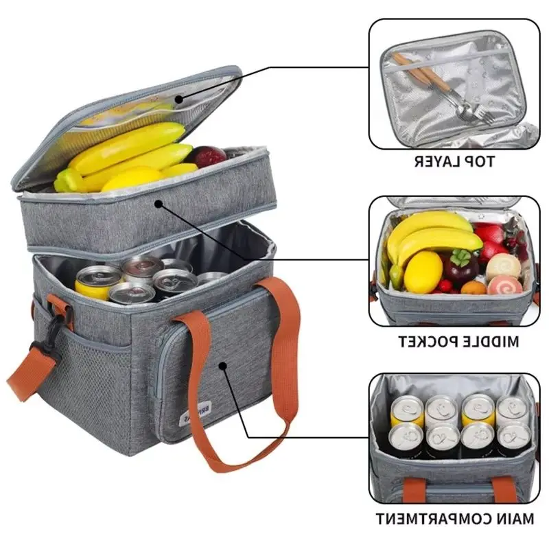 Double Layered Large Capacity Camping Lunch Bag Multi-Pockets Crossbody Heat Insulation For Beverages Fruits Portable Lunch Box