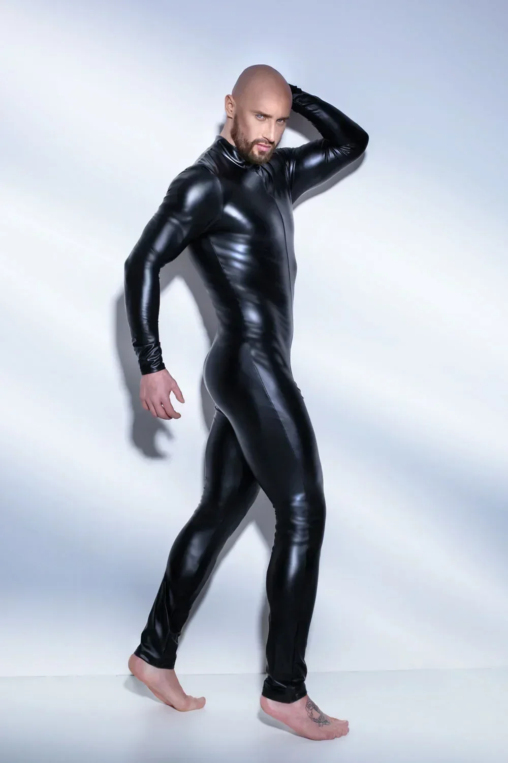 Plus Size M-3XL Sexy Men Catsuit Faux Leather Two Way Long Zipper Crotch Bodysuit Night Club DS Jumpsuit Latex Bodysuit