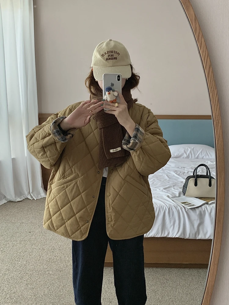

Свободная повседневная легкая корейская хлопковая куртка из стеганого хлопка с ромбовидным узором, женская верхняя одежда, зимнее новое поступление