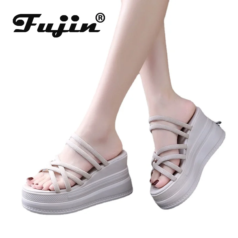 Fujin 9cm Platform Shoes Wedge Sandals for Women Summer Shoes Slip on Slippers Beach Shoes Slides Fashion Shoes for Female