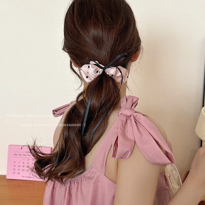Polka dot satin scrunchie with bow and ribbon, super fairy ballet style hair tie, elastic band, women's hair accessory