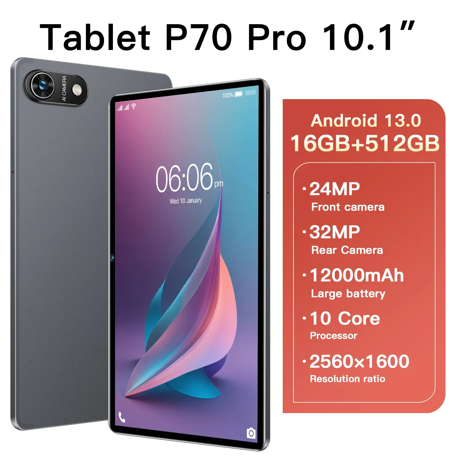 

P70 Pro Game Tablet: High-End Android 13 Tablet with 10.1'' HD Screen, Dual-SIM, 16GB+12000mAh Battery, GPS, 24MP+32MP Camera