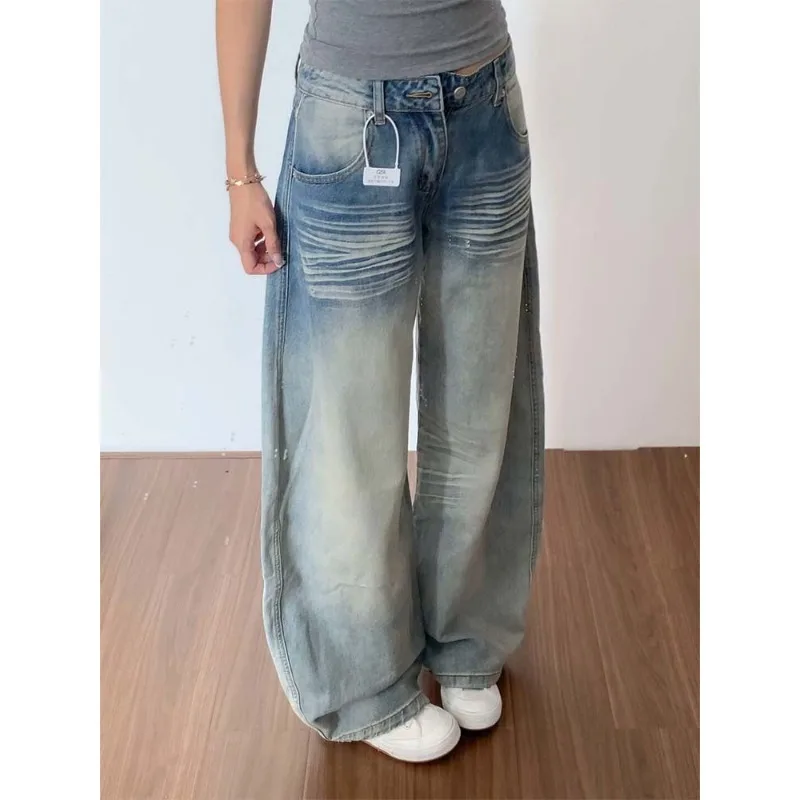 

American Simple Baggy Autumn Vintage Chicly Button Jeans Women High Waisted Denim Pants Washed Y2K Wide Leg Jean Trouser