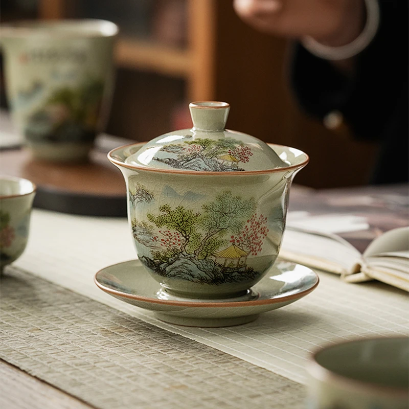 Ceramic Opening  Landscape Gaiwan For Tea Ceramic Tureen Teaware Cup Chinese Tea Bowls Vintage Chawan Tea Ceramony Set
