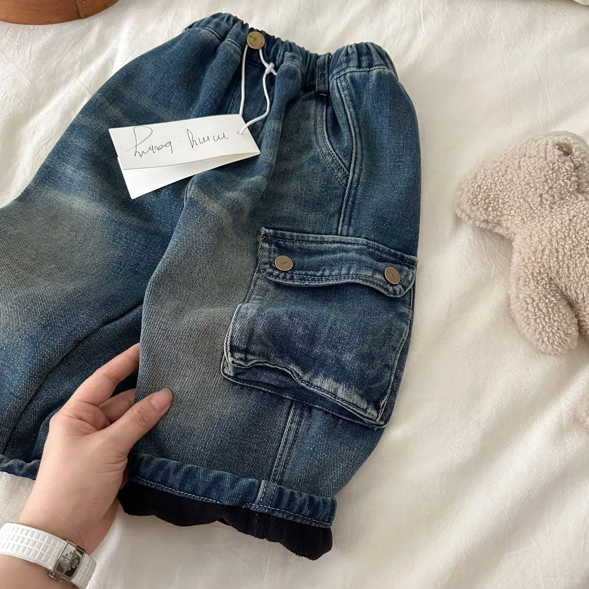 Children's trousers 2024 winter new boys and girls thickened tooling jeans baby retro casual pants Internet celebrities