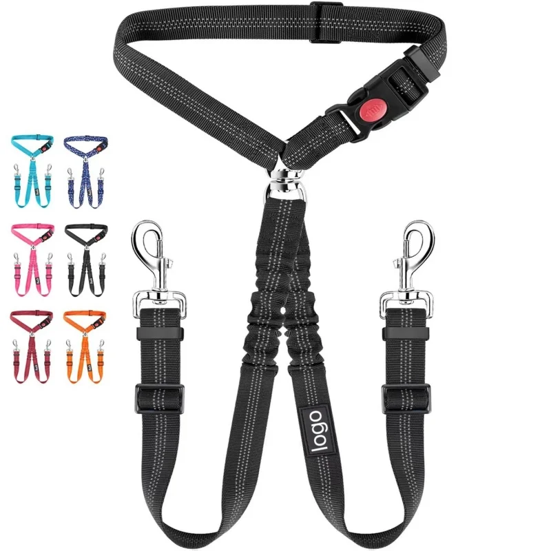 

OUWO Two Dogs Pet Car Lead Leash Backseat Safety Belt Adjustable Dogs Harness Collar Pet Accessories Pet Supplies
