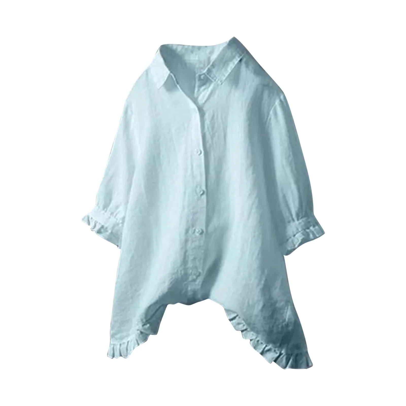 Women\'s Shirt 2024 Summer Fashion Ruffle Hem Cotton Linen Shirt Tops Solid Color Casual Loose Single Breasted Short Sleeve Shirt